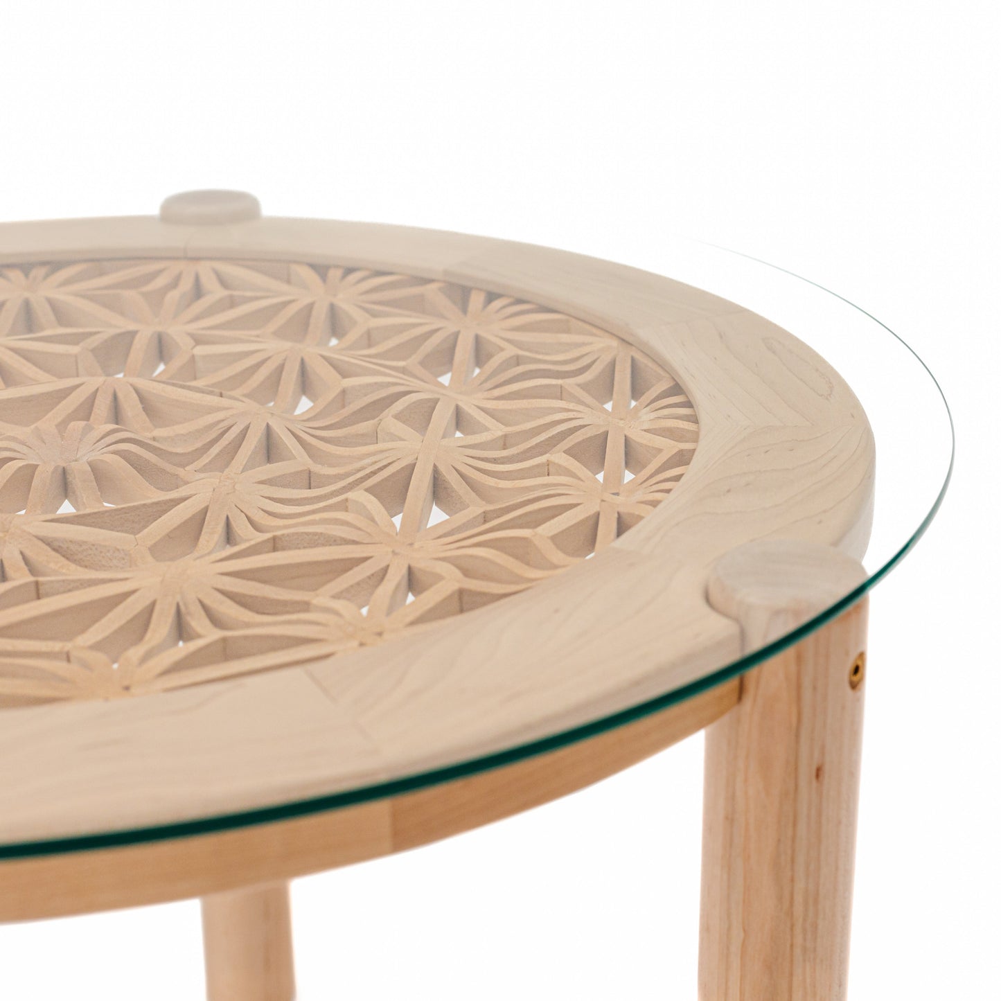 3D Kumiko Ripple Table handcrafted by JT Woodworks. Table is made with maple and basswood with a glass top.