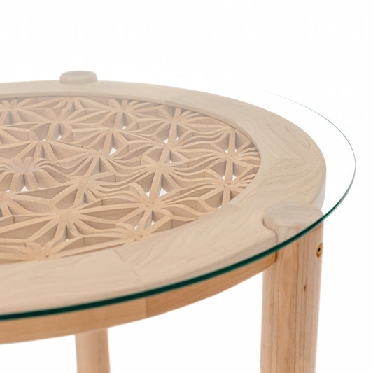 3D Kumiko Ripple Table handcrafted by JT Woodworks. Table is made with maple and basswood with a glass top.