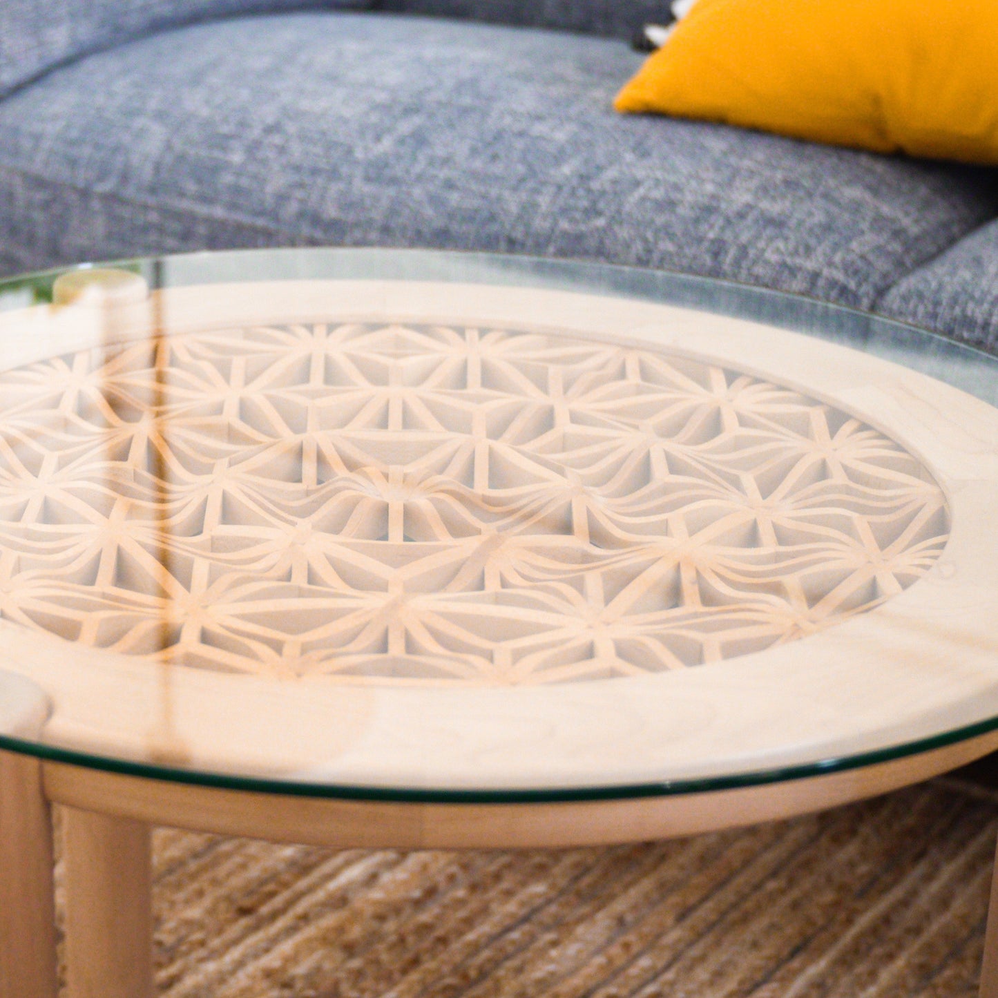 Closeup of the wavy 3D kumiko design of the handmade coffee table.
