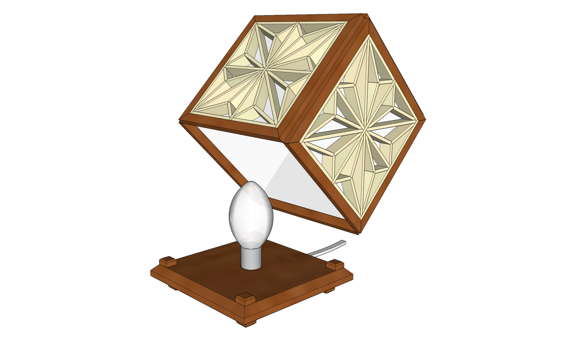 A digitalized example of an assembled Kumi-cube Lantern, with the cover lifted to show lightbulb inside.