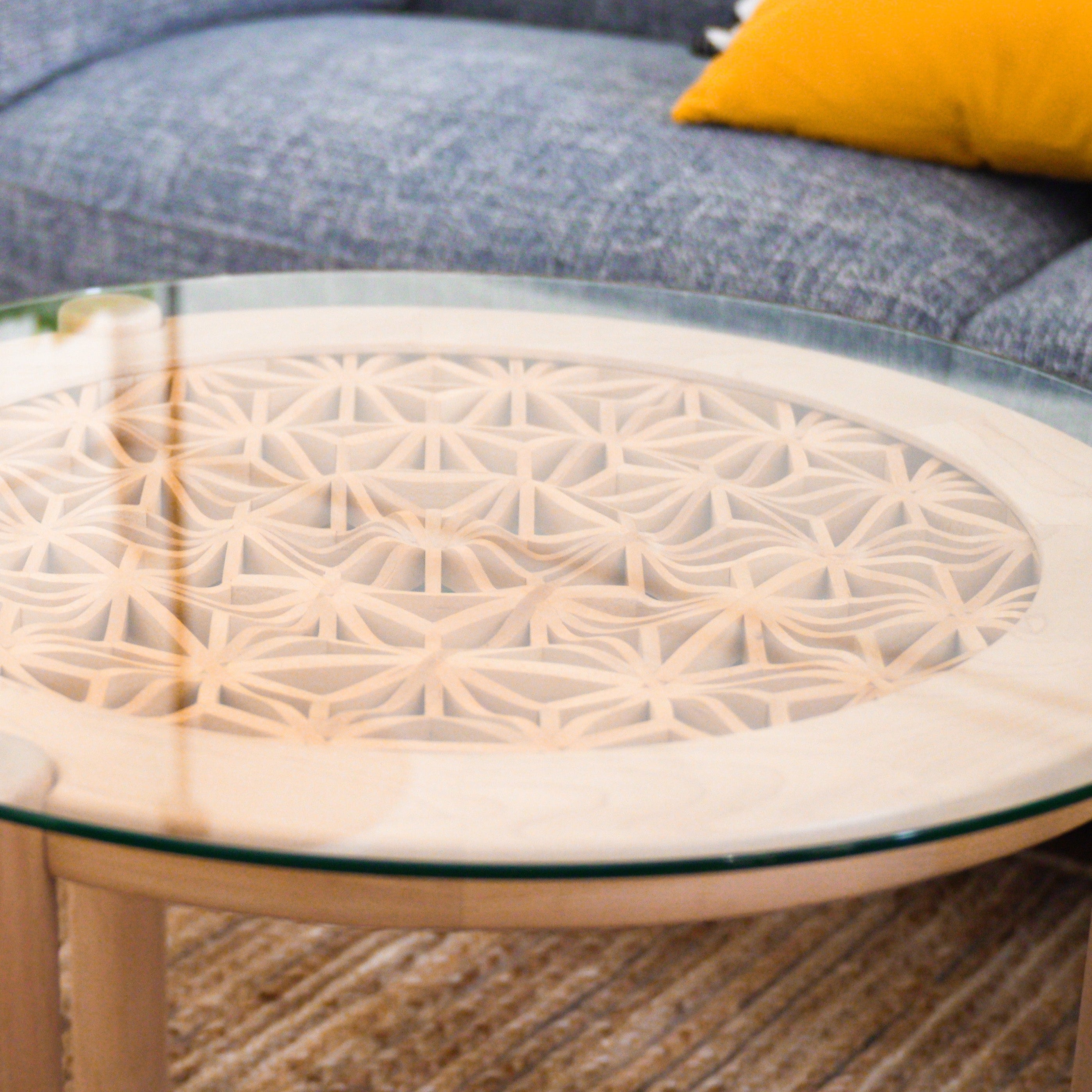 Closeup of the wavy 3D kumiko design of the handmade coffee table.