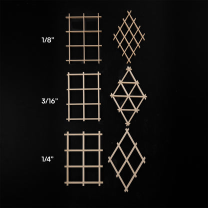 Photo shows examples of various kumiko grids made with this kumiko sled. 1/8" grid, 3/16" grid, and 1/4" grid.