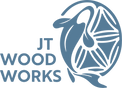 JT Woodworks logo in blue. Features a koi fish inside a circle with a kumiko pattern beside it.