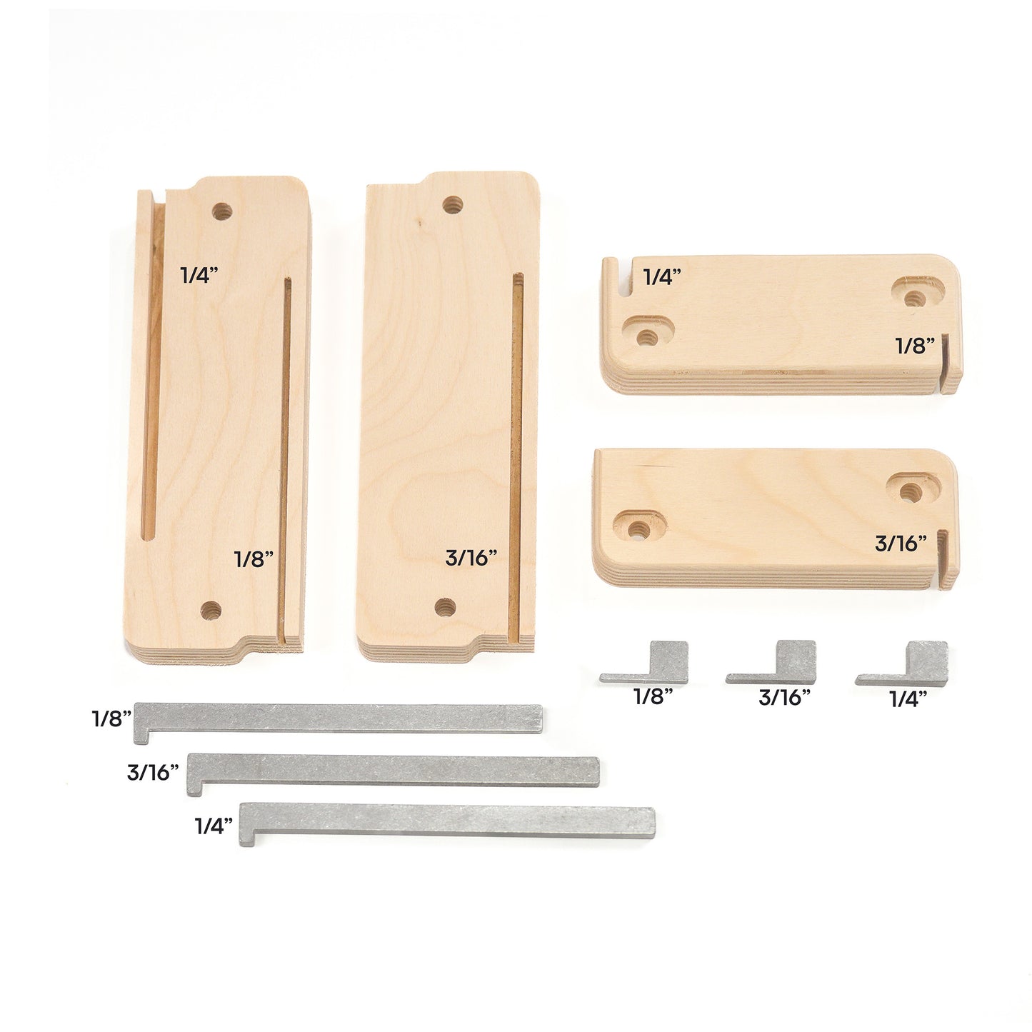 Detailed photo of shuttles and registration keys featuring measurements of each piece. 1/8", 3/16", and 1/4".