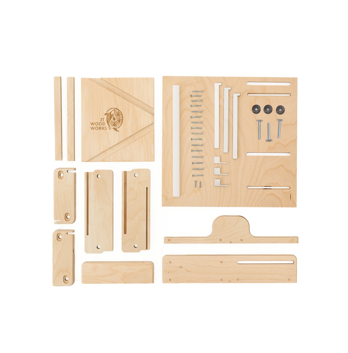 Photo shows sled flat lay, disassembled with all pieces and hardware.