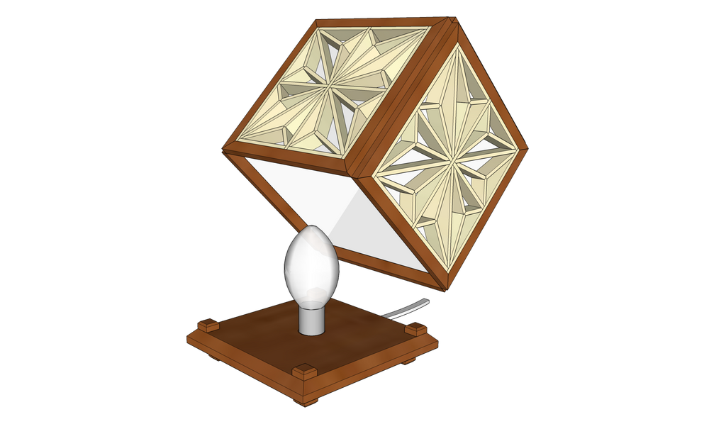 A digitalized example of an assembled Kumi-cube Lantern, with the cover lifted to show lightbulb inside.