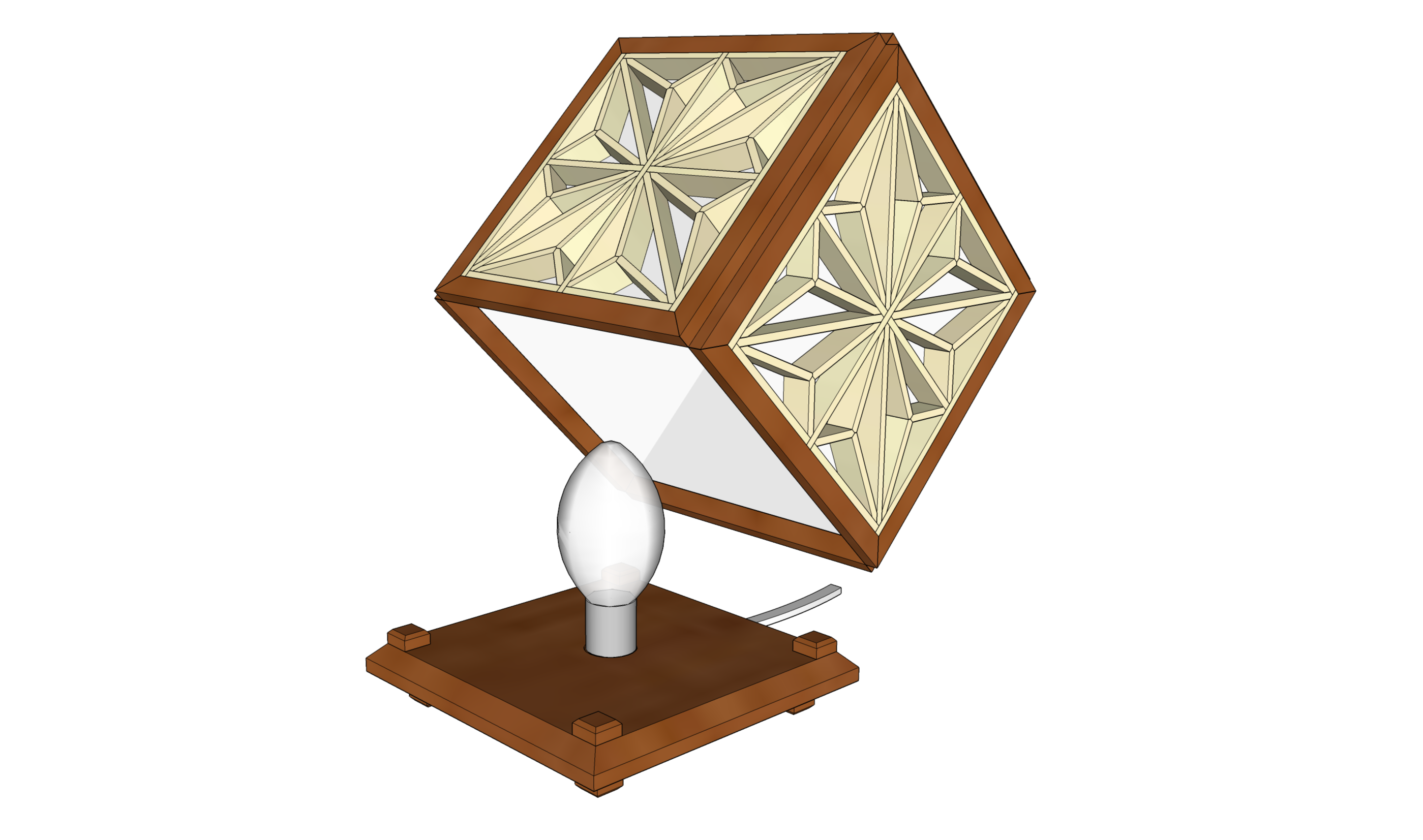 A digitalized example of an assembled Kumi-cube Lantern, with the cover lifted to show lightbulb inside.