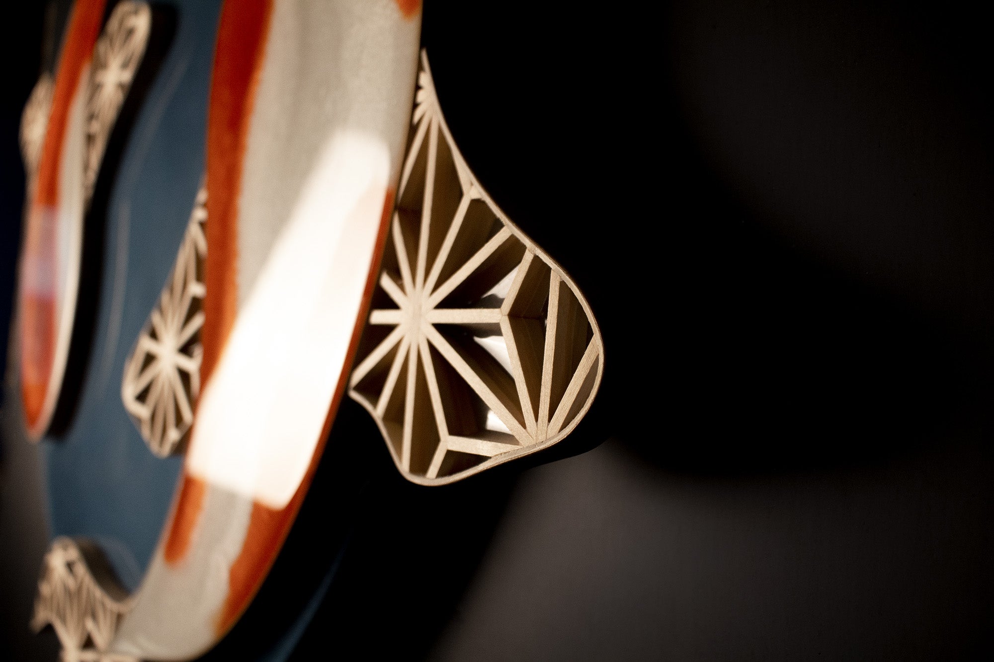 A closeup of the kumiko fin of The Kumi-Koi art piece.